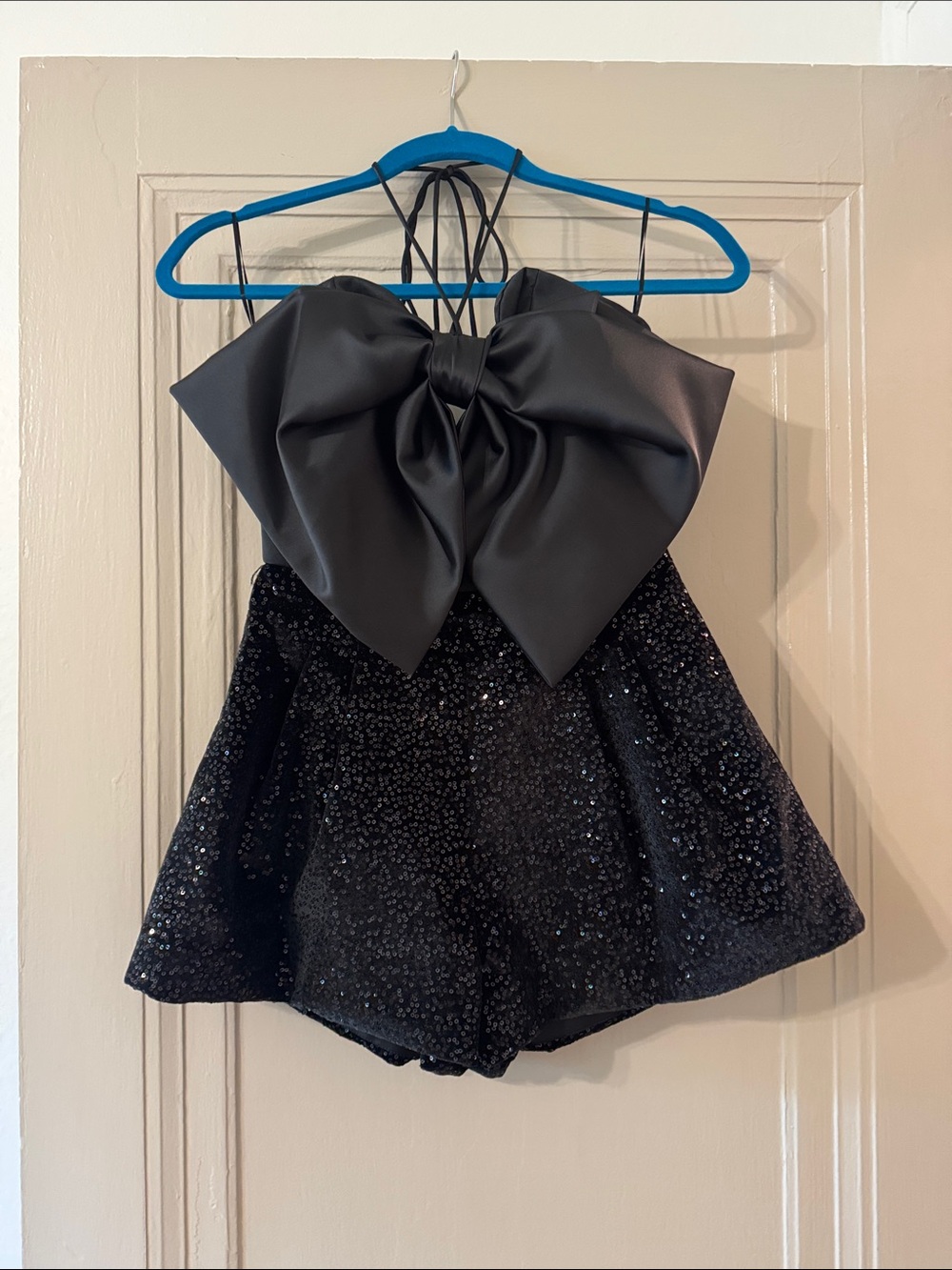 Zara Black Sequin Strapless Bow Romper